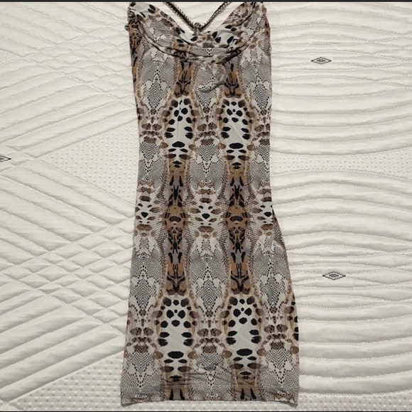 Bebe Snake Skin Print Mini Dress with Gold Chain Criss Cross Straps Cowl Neck - Picture 6 of 11